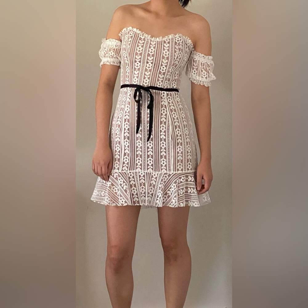 For Love & Lemons White Lace Off-Shoulder Mini Dress with Black Belt